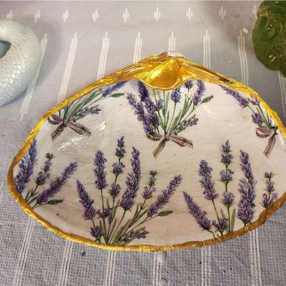 DECOUPAGE CLAM SHELL DECOUPAGE FLOWERS TRINKET DISH - Picture 4 of 9